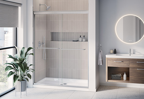 a semi-framed shower door in the timeless brushed nickel finish